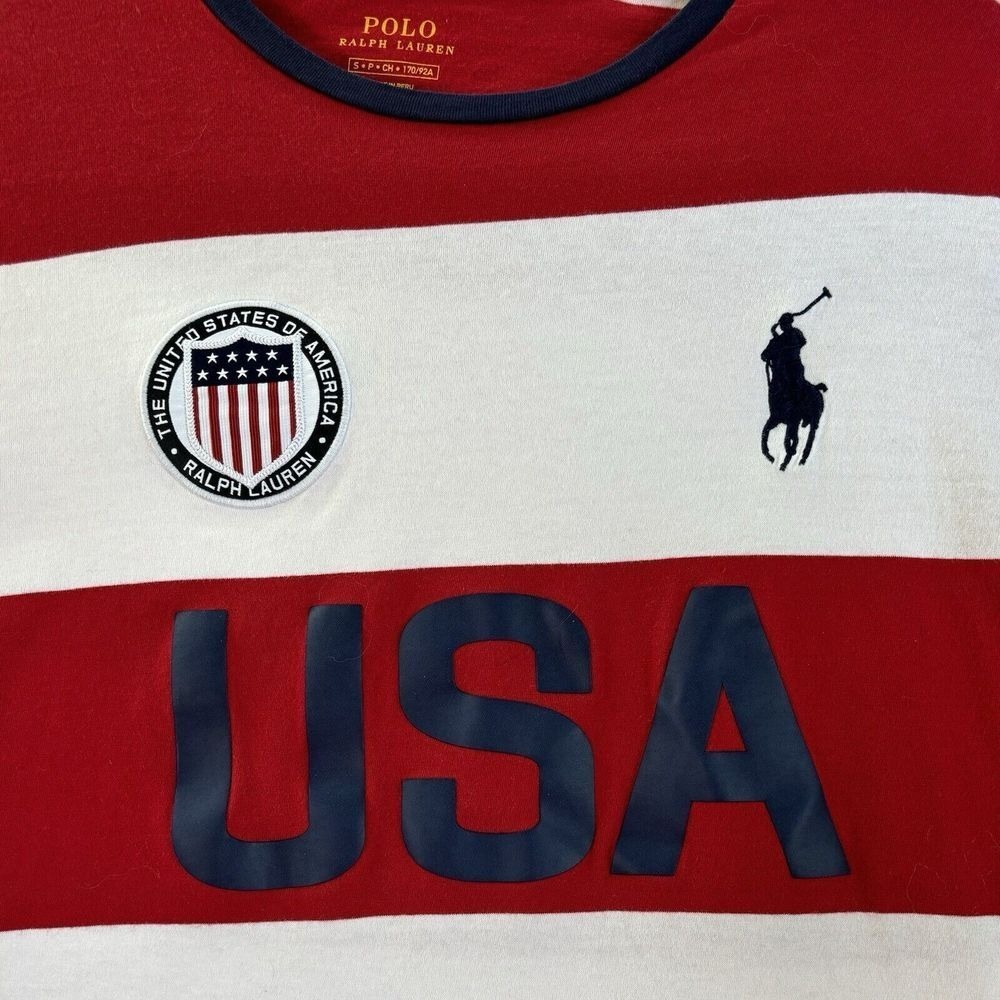 Ralph Lauren Polo Men's USA T-‎ Shirt Small White Red Stripes Preppy